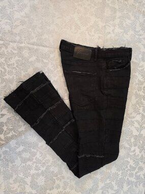 🔥VALABASAS Tiered Distressed Bandage Flare Stacked Jeans Mens Black Sz 34x36 🔥